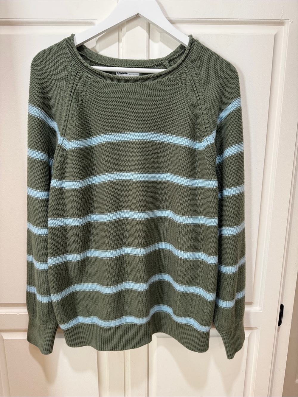 Cozy Sage and baby blue sweater